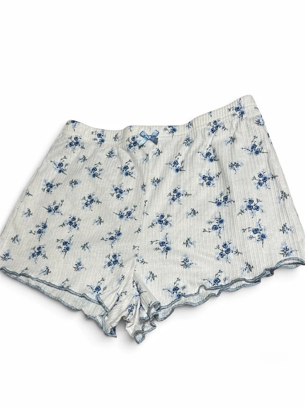 Floral Ruffle Shorts in White & Blue Small